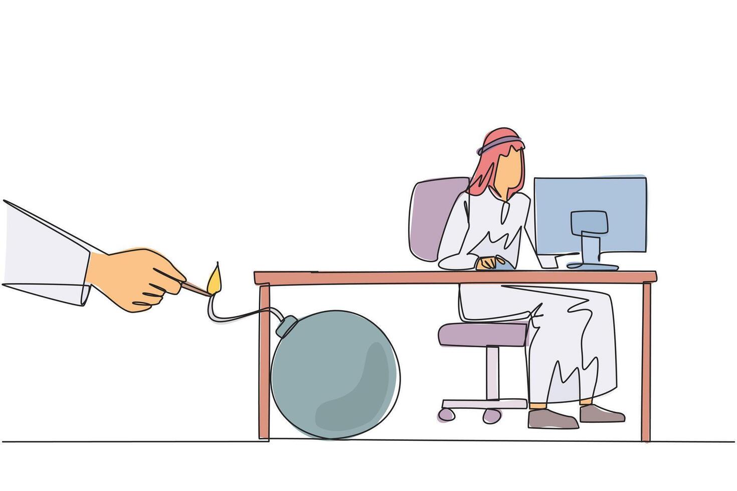 Continuous one line drawing Arab businessman typing at computer. Trapped by business partner. Bomb that could explode at any time. Betrayed by a colleague. Single line draw design illustration vector