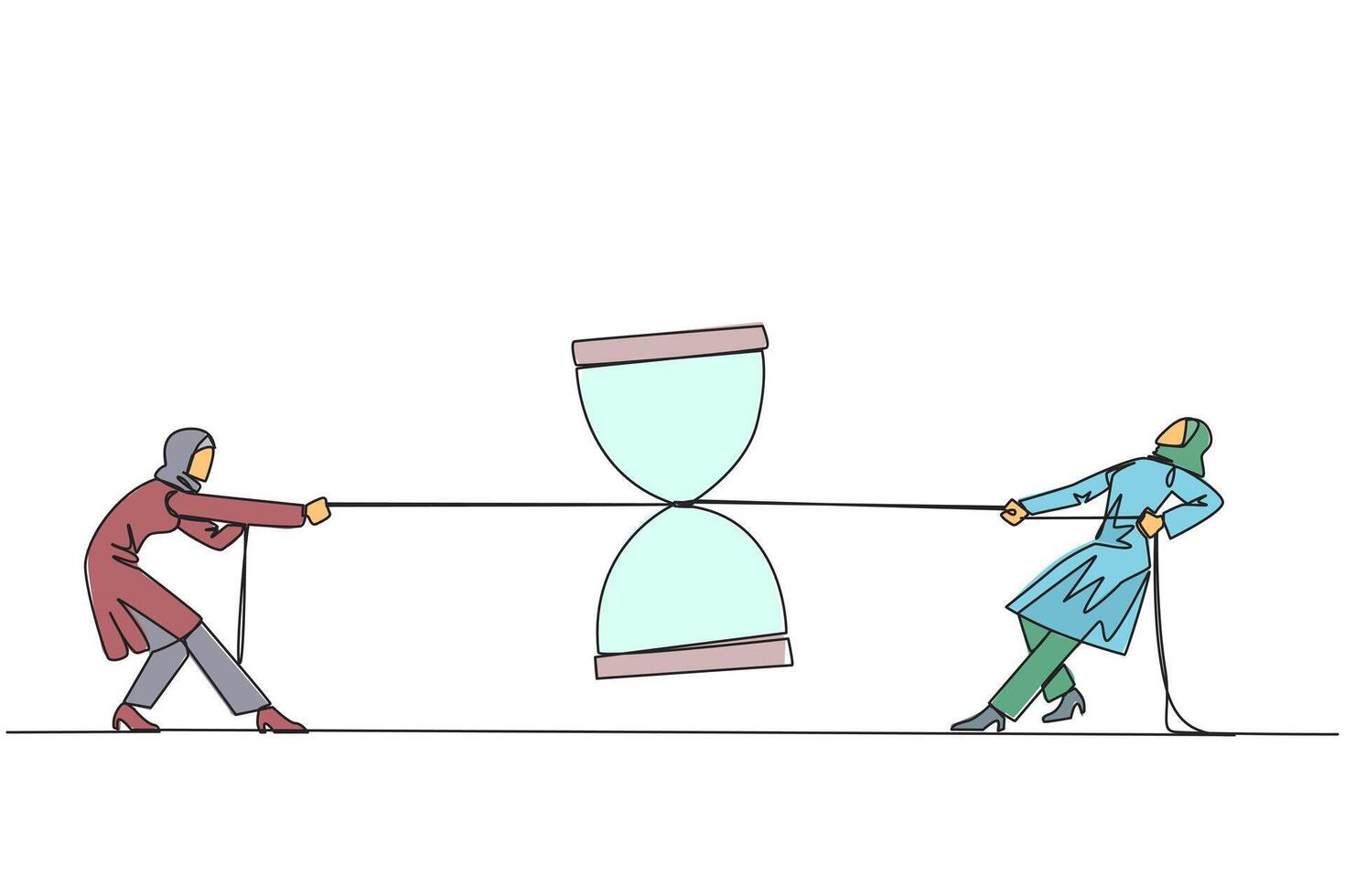 Continuous one line drawing Arabian businesswomen fighting over hourglass. Fierce competition to get additional time for business expansion opportunities. Single line draw design illustration vector