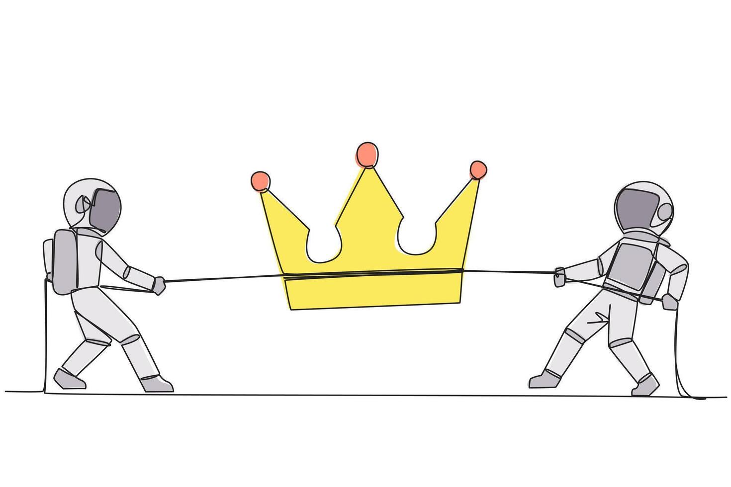 Single one line drawing two astronauts fight for the crown. Compete to become the most skilled cosmonaut on earth. Put aside teamwork. Galaxy space concept. Continuous line design graphic illustration vector