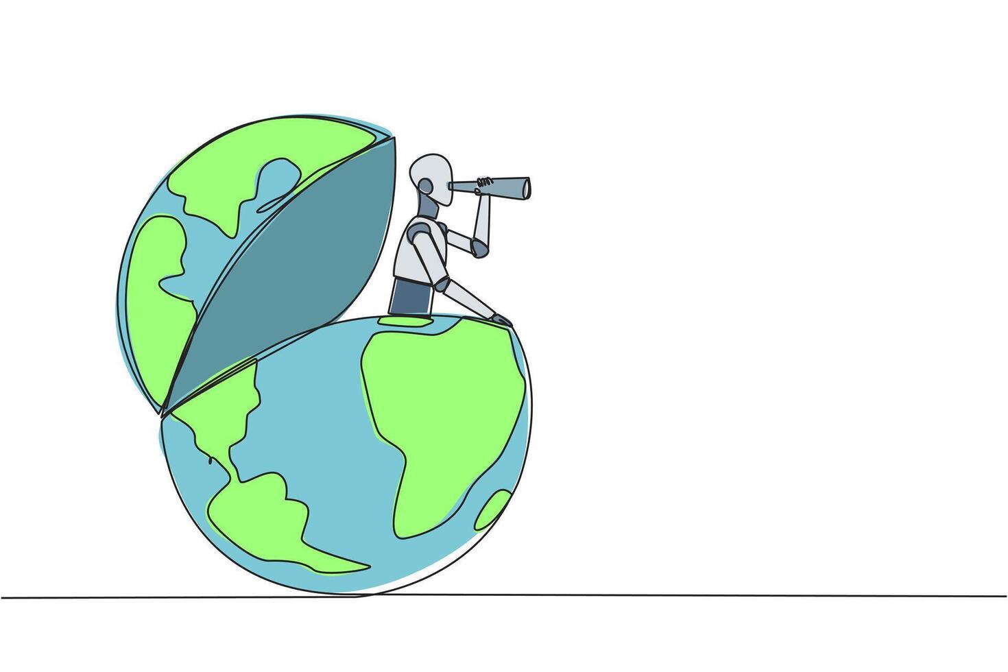 Single continuous line drawing smart robot appears from the globe looking for something through binoculars. Mapping locations that technology has not yet reached. One line design illustration vector