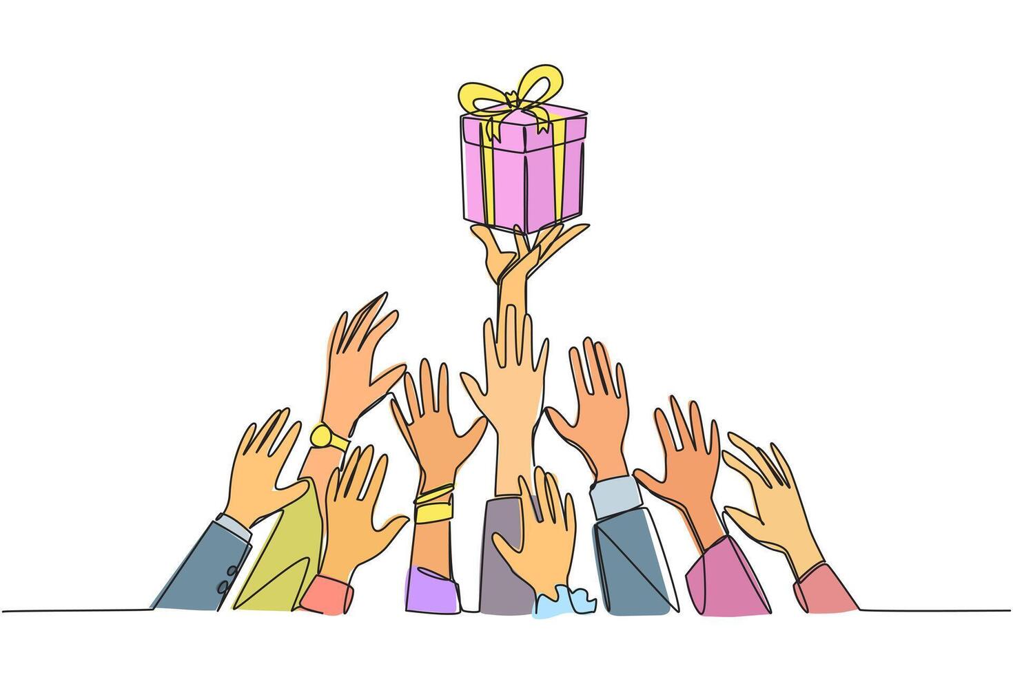 Single one line drawing hands fighting over the gift box. Win attractive prizes. Enjoyable business trip. Continue to be lucky. Entrepreneur welfare. Continuous line design graphic illustration vector