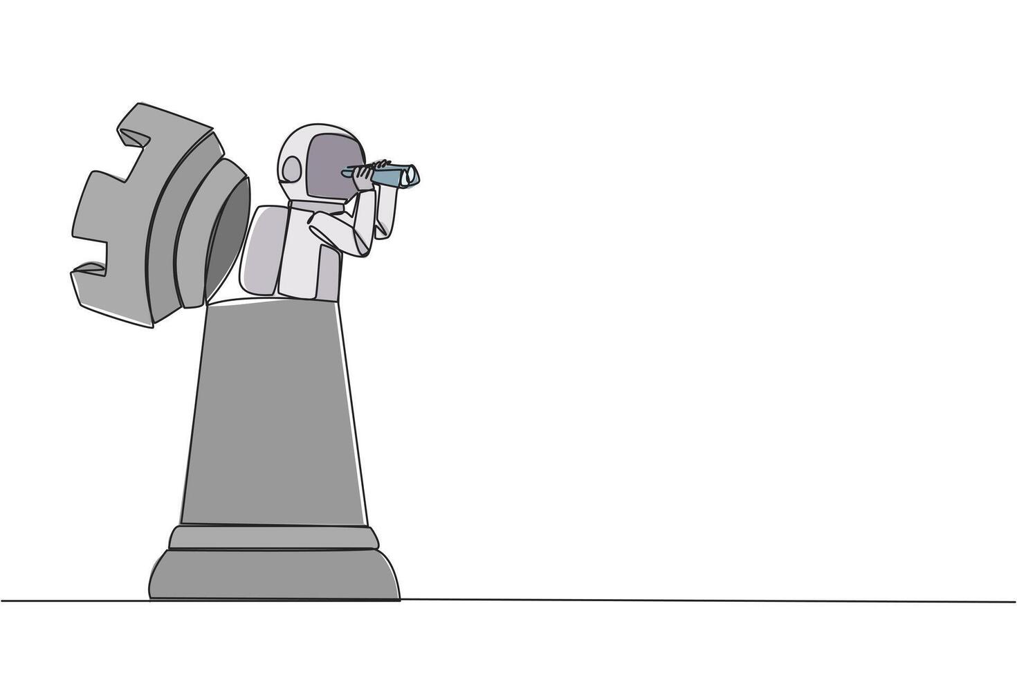Single continuous line drawing astronaut emerges from a chess piece rook looking for something through binoculars. Gather plans so that perfect during expedition. One line design illustration vector