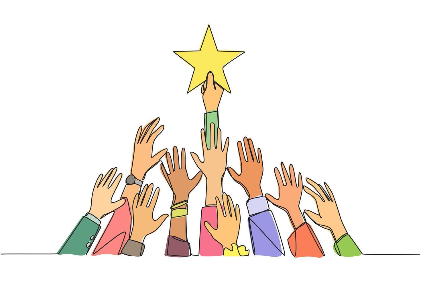 Continuous one line drawing hands fighting over shape of a star. Metaphor of fighting persistently to achieve a dream. Dreams of business success come true. Single line draw design illustration vector