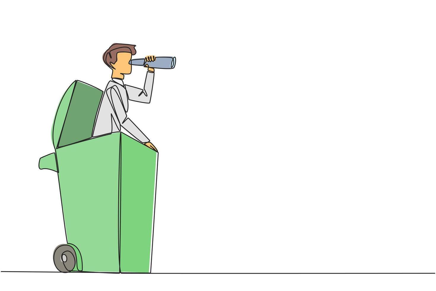 Continuous one line drawing businessman pops out of a wheeled bin look for something through binoculars. Importance of modernizing everything in business. Single line draw design illustration vector