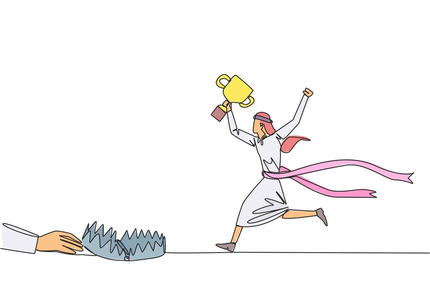 Single one line drawing Arab businessman running with trophy. Dangerous business trap. Trap that really brings down business. Fake friend. Traitor. Rival. Continuous line design graphic illustration vector