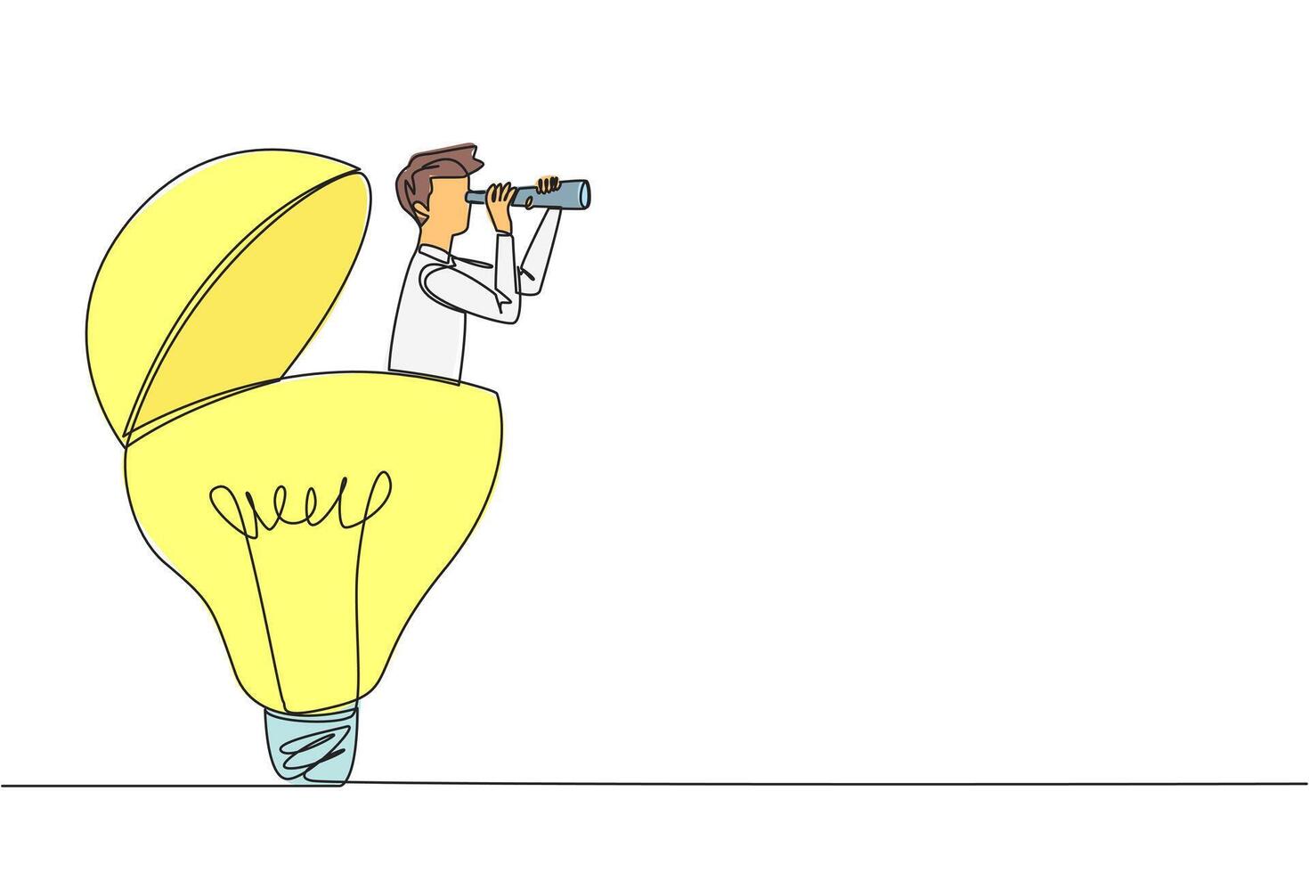 Continuous one line drawing businessman emerges from lightbulb look for something through binoculars. Selection of bright ideas to develop new businesses. Single line draw design illustration vector