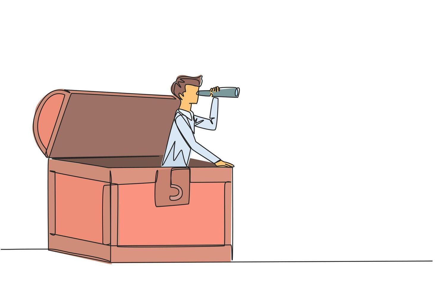 Single continuous line drawing businessman emerges from treasure chest looks for something through binoculars. Luck leads to treasure. Successful rich businessman. One line design illustration vector