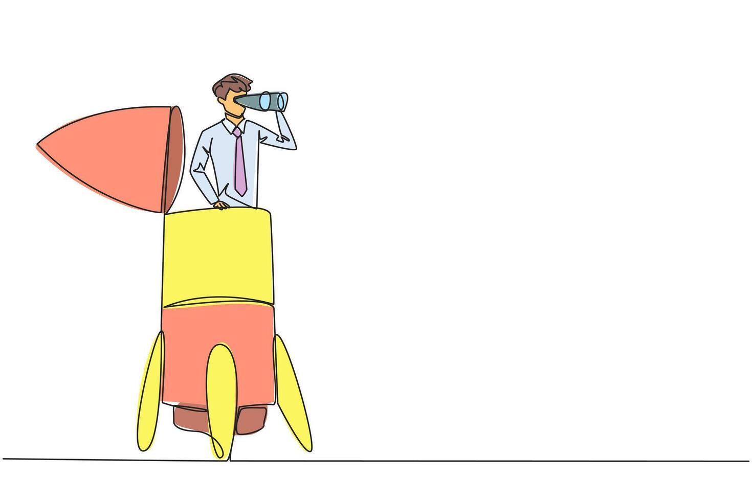 Continuous one line drawing businessman emerges from the rocket looking for something through binoculars. Technical preparation to expand business reach. Single line draw design illustration vector