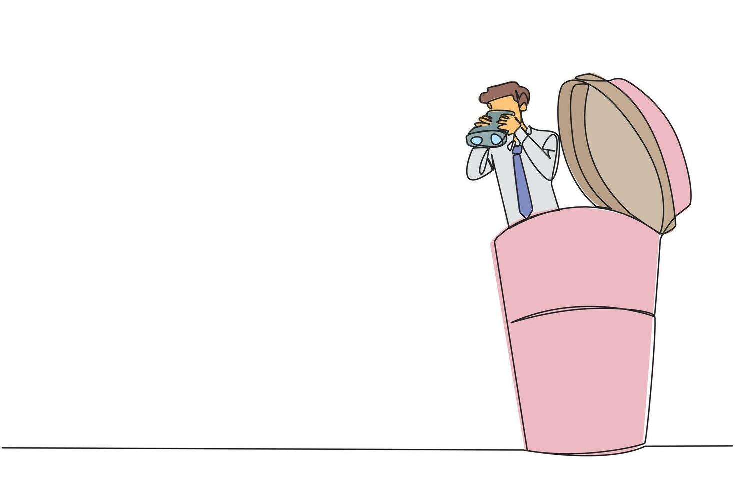 Single one line drawing businessman emerges from a paper cup looking for something through binoculars. Hot tea brought home is a relaxing friend to unwind. Continuous line design graphic illustration vector