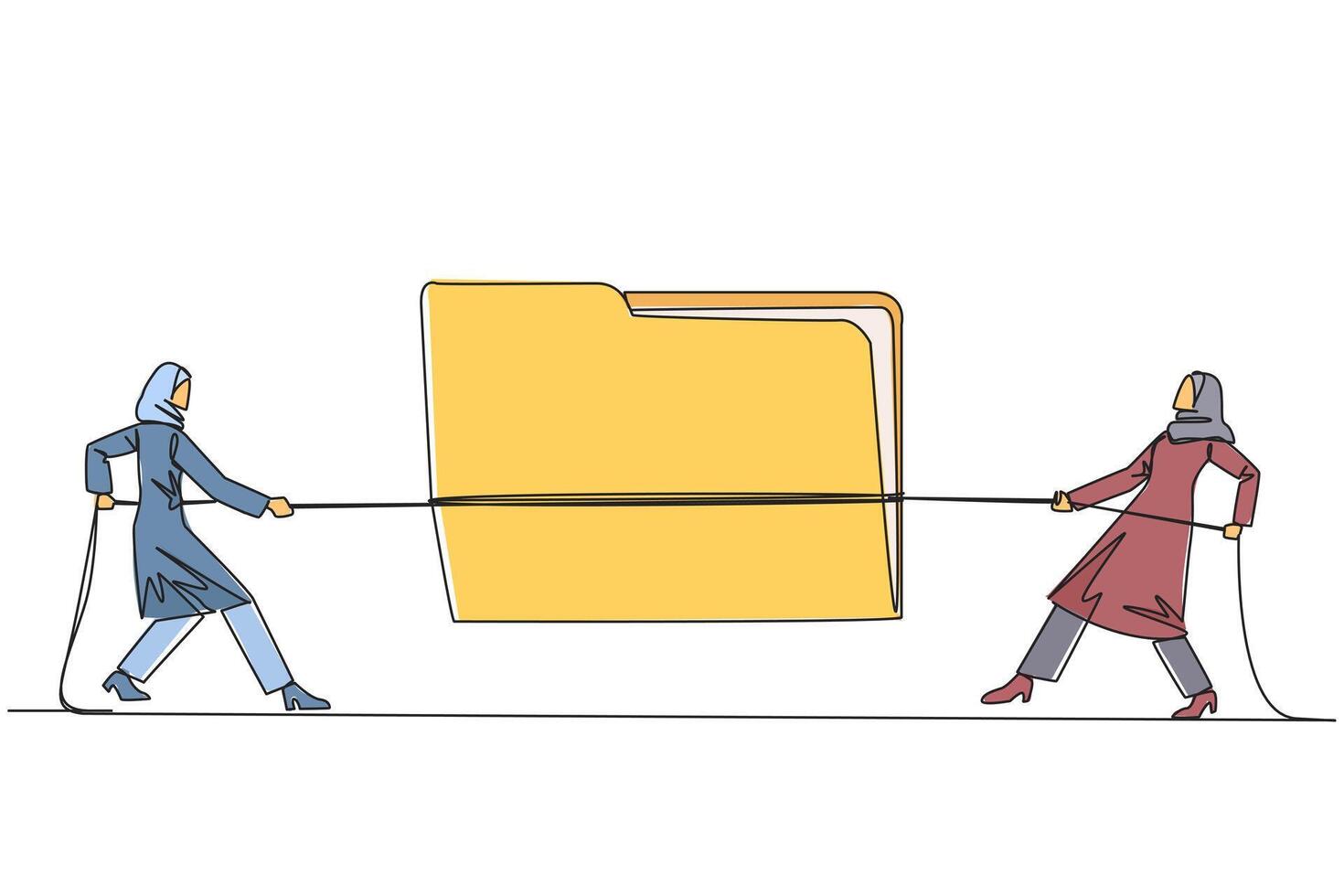 Single continuous line drawing two Arabian businesswomen fighting over document folder. The most important client detail data is up for grabs. Lots of benefits. One line design illustration vector