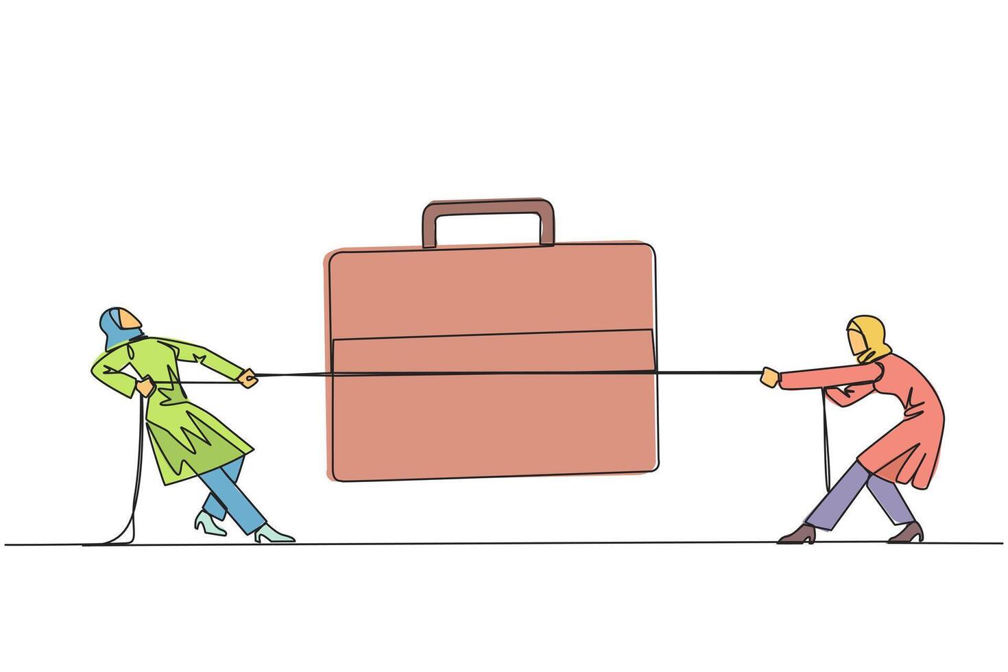 Single one line drawing two Arabian businesswomen fighting over briefcase. Eliminate barriers to business travel. Marketing promotions everywhere. Expand. Continuous line design graphic illustration vector