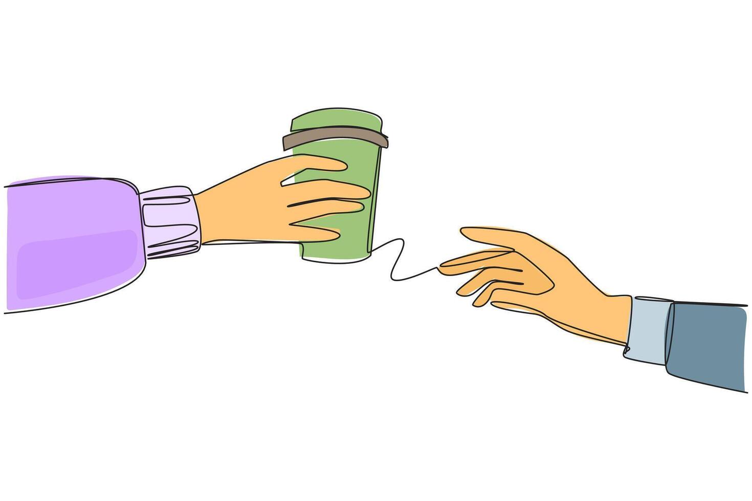 Single continuous line drawing hand giving paper cup. Usually contains warm tea or coffee. Share moments of warmth. Enjoy relaxing time together. Togetherness. One line design illustration vector