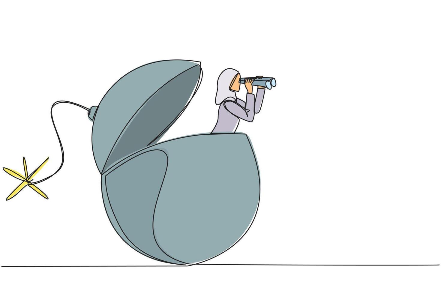 Continuous one line drawing Arabian businesswoman emerges from a bomb with burning fuse looking for something with binoculars. Receive danger signal. Avoid. Single line draw design illustration vector
