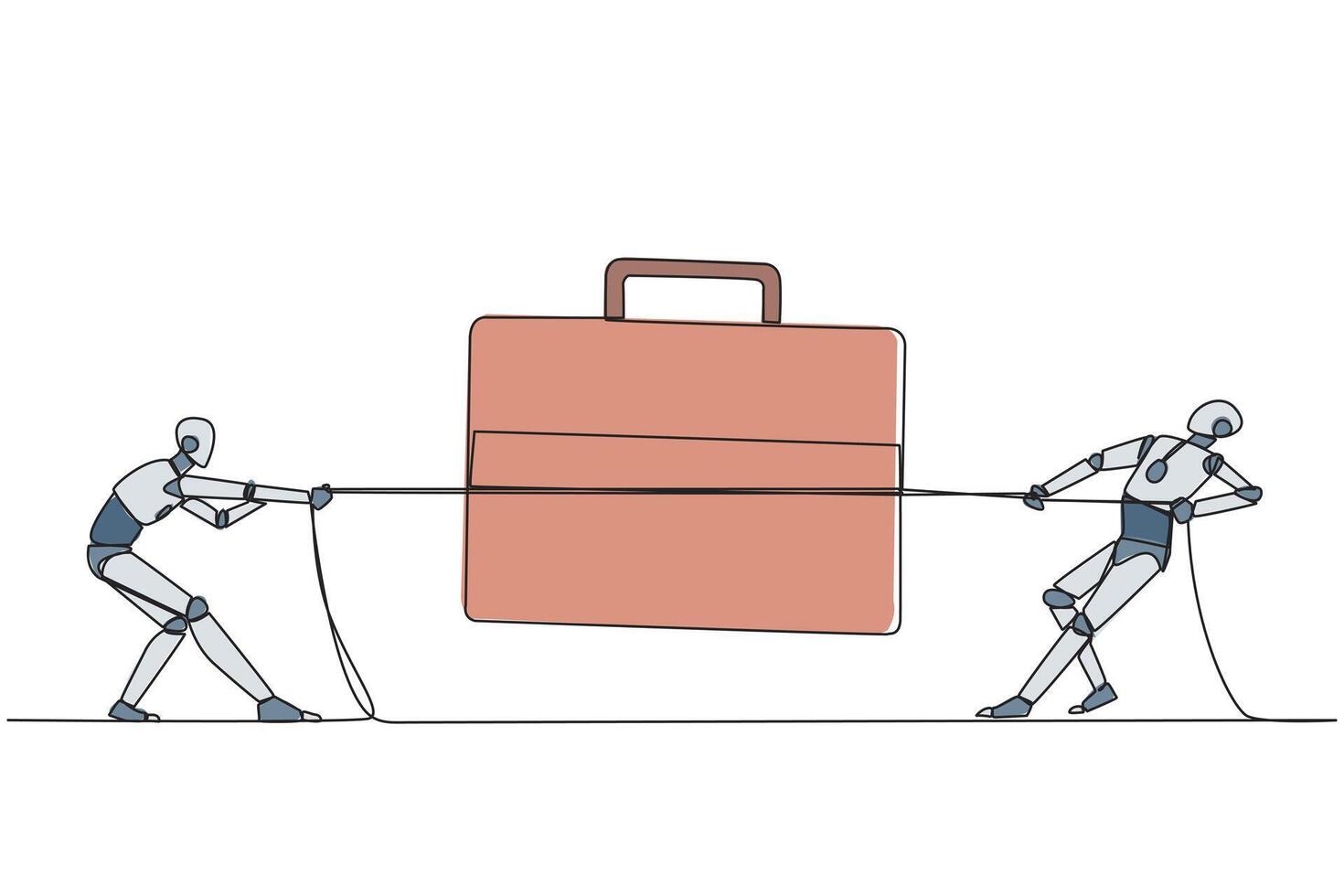 Single continuous line drawing two robots fighting over briefcase. Compete fiercely to increase user trust. The future of sophistication technology for marketing. One line design illustration vector