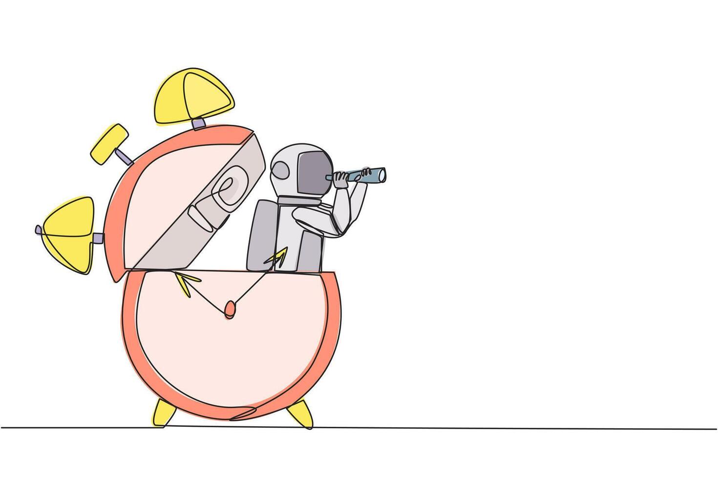 Continuous one line drawing astronaut emerges from alarm clock looking for something with binocular. An hour in space seemed too long. Miss family on earth. Single line draw design illustration vector