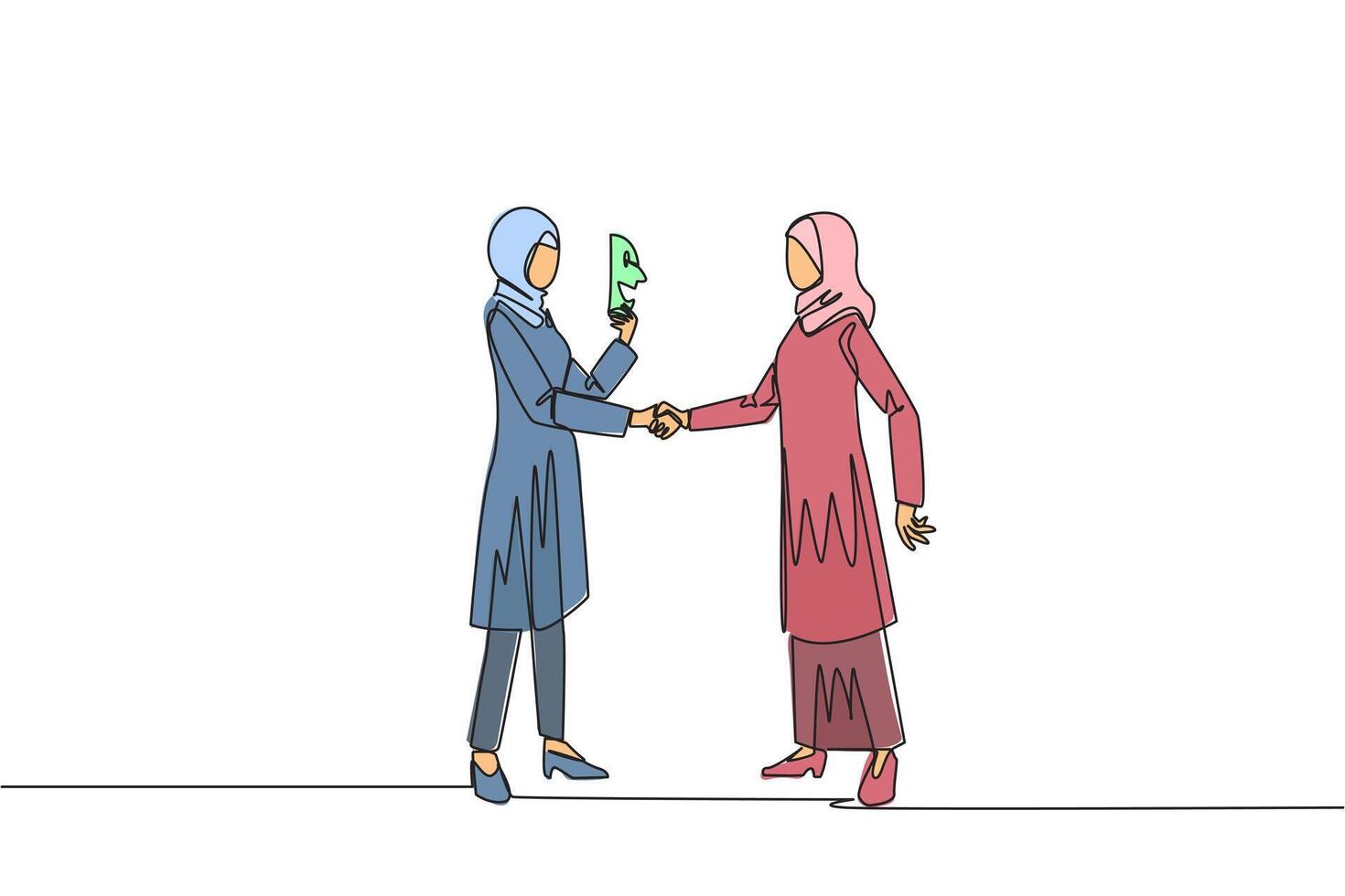 Continuous one line drawing two Arabian businesswomen shaking hands. One of them has two faces. Full of falsehood. Fake friend. Worst teamwork. Betrayal. Single line draw design illustration vector