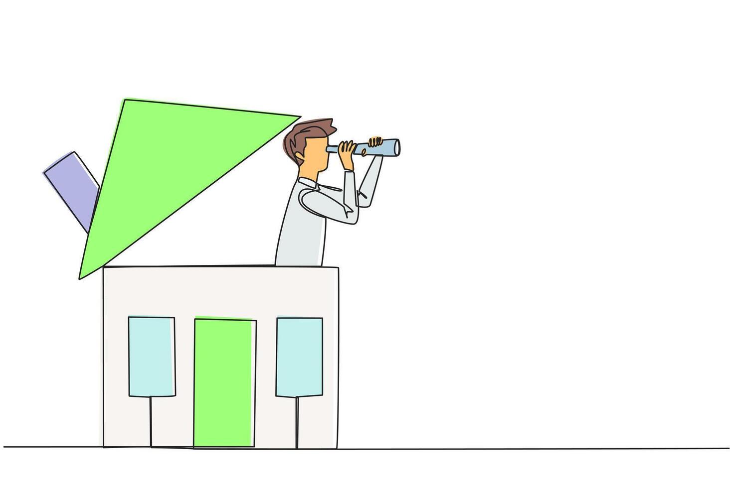 Single one line drawing businessman appears out of miniature house look for something through binoculars. Search ends. Most beautiful place in retirement. Continuous line design graphic illustration vector