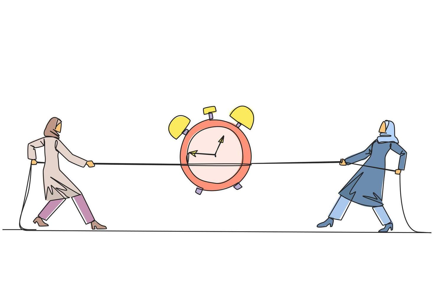 Single one line drawing two Arabian businesswomen fighting over an alarm clock. The battle to get work done before the deadline. Eliminates rioters. Fight. Continuous line design graphic illustration vector
