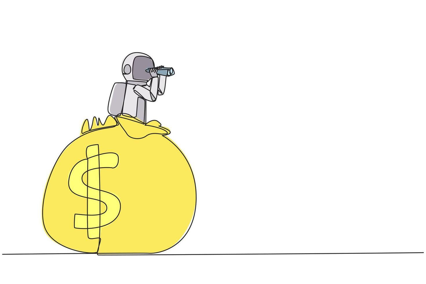 Single continuous line drawing young astronaut emerges from money bag looking for something through binoculars. Collecting funds again for the next expedition. One line design illustration vector