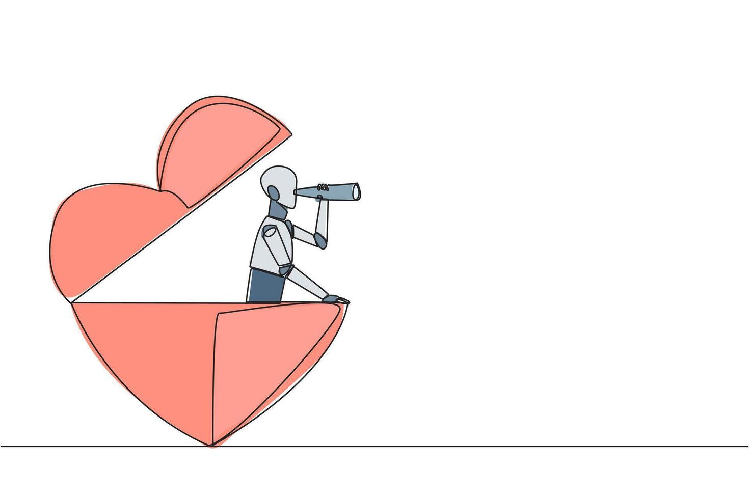 Single one line drawing a robot emerges from shape of a heart look for something with binoculars. Scan. Analyzing social sensitivity. Unfair business. Continuous line design graphic illustration vector