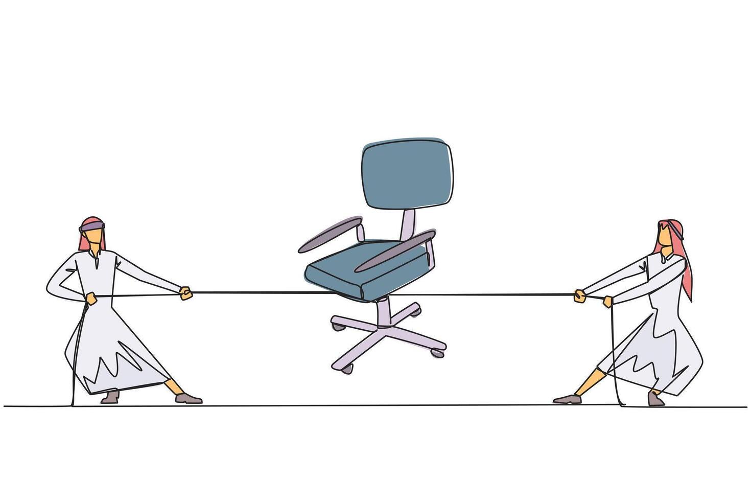 Continuous one line drawing two Arabian businessmen fighting over an office chair. The struggle for the most comfortable position in the office. Work hard. Single line draw design illustration vector