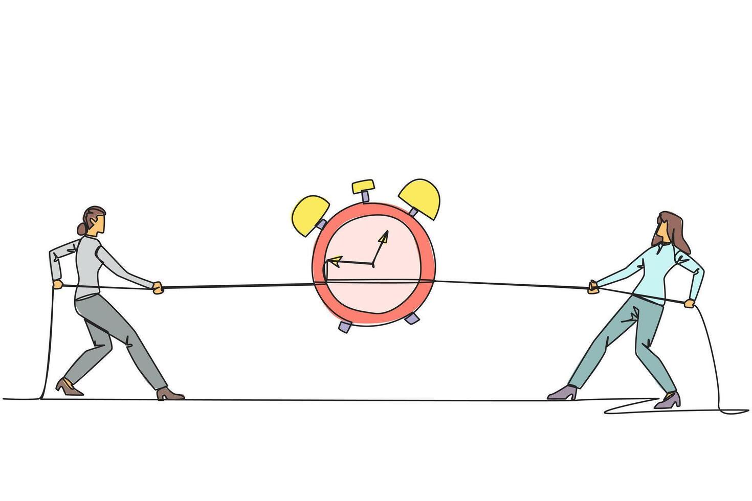 Single continuous line drawing two businesswomen fighting over an alarm clock. Competition to get rare antique clocks. Put in all the best efforts. Battle. Versus. One line design illustration vector