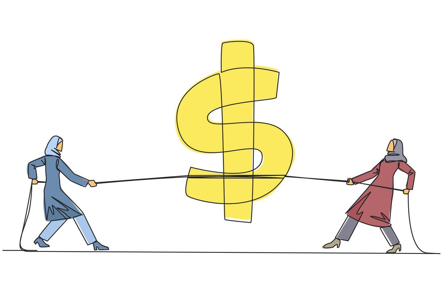 Single one line drawing two Arabian businesswomen fighting over dollar symbol. Fierce battle to get share prices which dropping drastically. Opportunities. Continuous line design graphic illustration vector