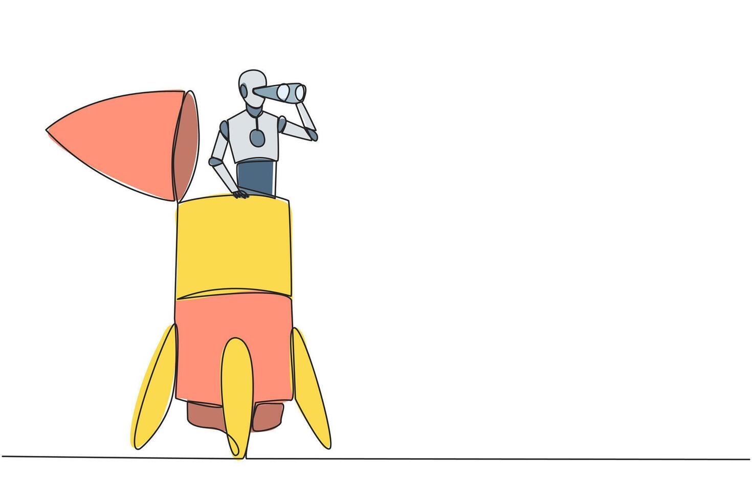 Continuous one line drawing a smart robot appears from the end of the rocket looking for something through binoculars. Scan. Analyze damage. Vigilance. Single line draw design illustration vector