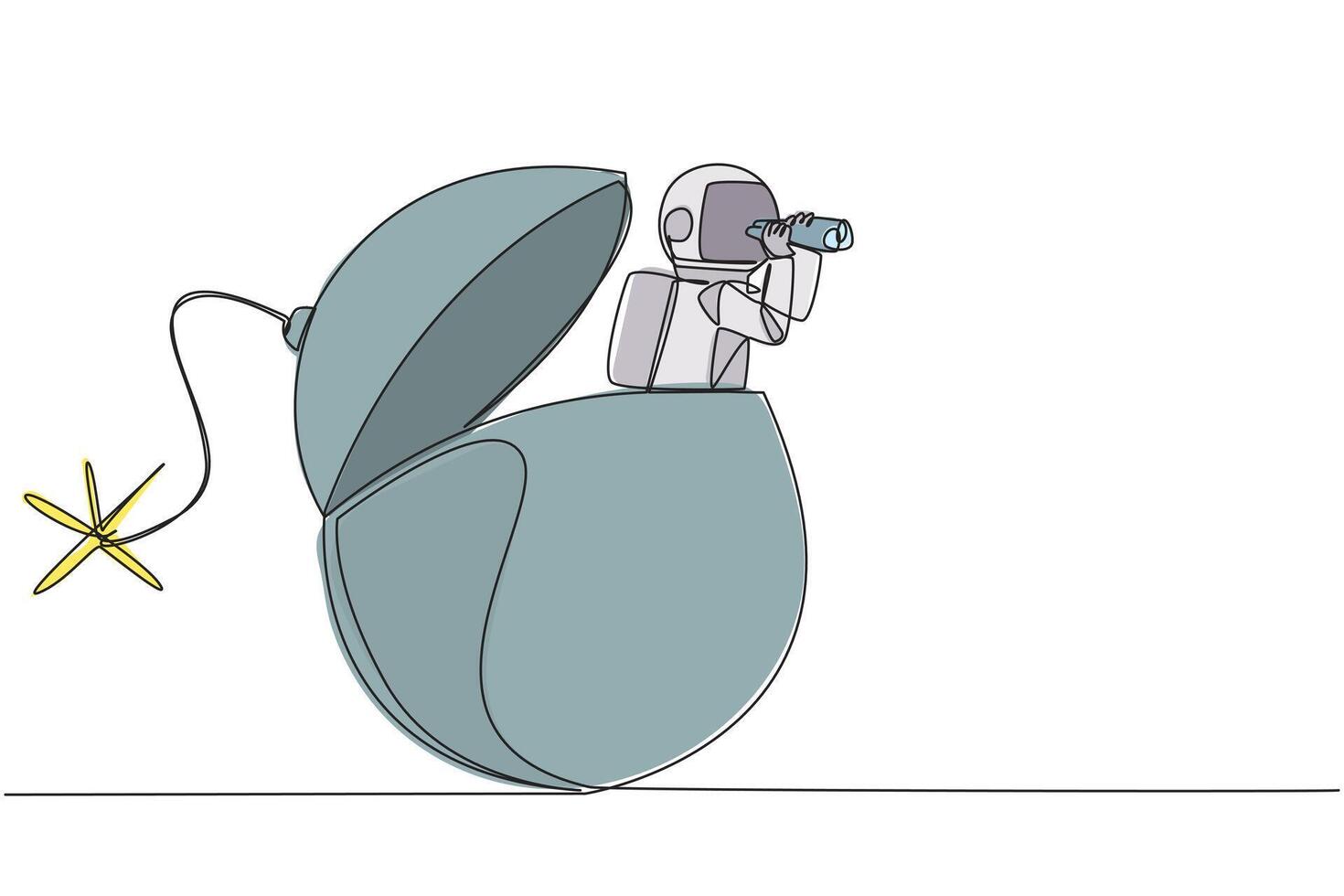Single one line drawing astronaut emerges from bomb with burning fuse looking for something through binoculars. The expedition deadline will arrive soon. Continuous line design graphic illustration vector