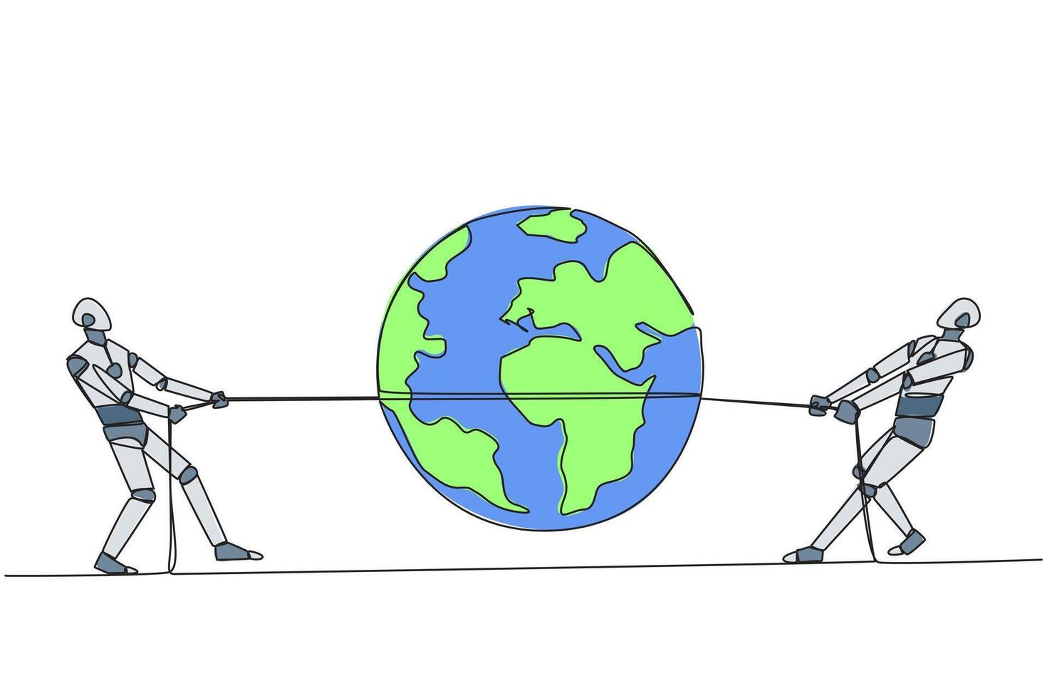 Continuous one line drawing two robots fighting over globe. Fight like a cowboy. Competition to explore the digital world through AI. Future technology. Single line draw design illustration vector