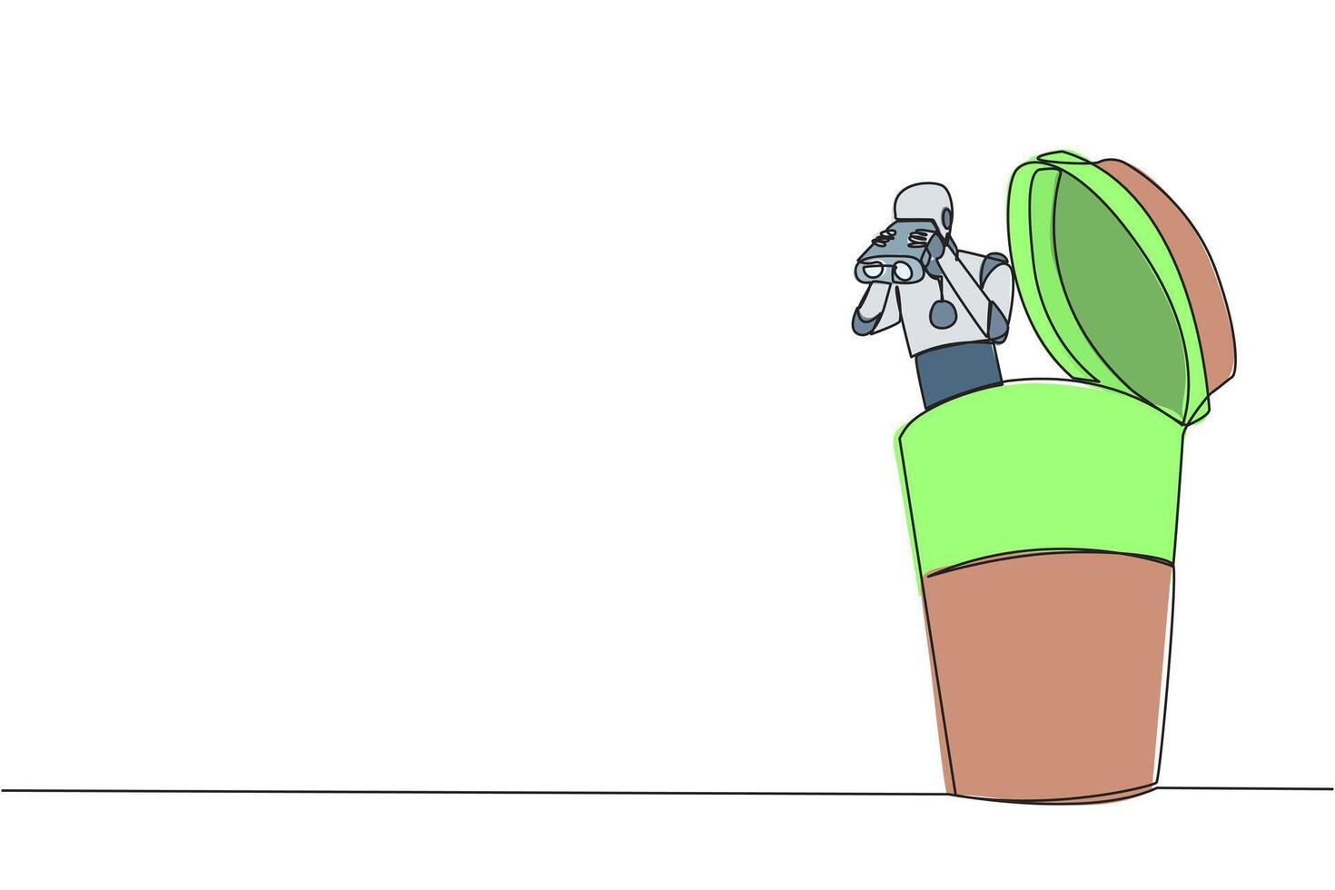 Single one line drawing a smart robot emerges from paper cup looking for something through binoculars. Scan. Analyze how good fast food drinks are. Rating. Continuous line design graphic illustration vector