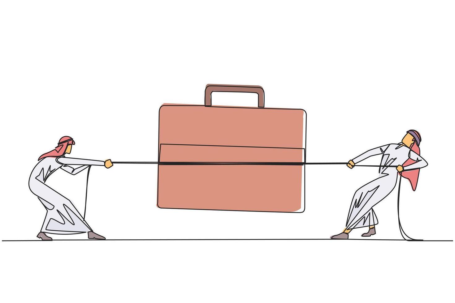 Single continuous line drawing two Arabian businessmen fighting over briefcase. Compete to be the best marketer to market new products. Expand the new business. One line design illustration vector