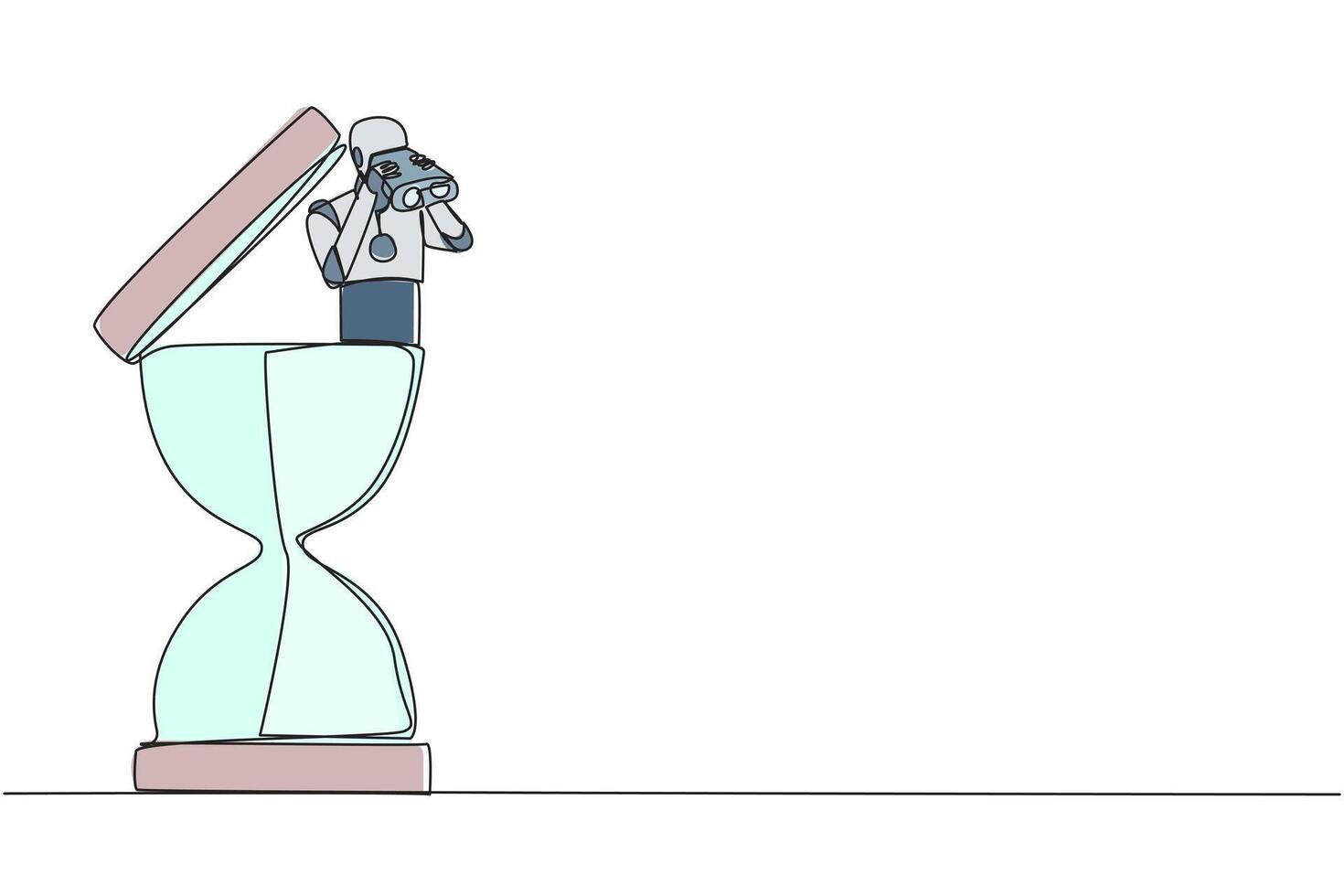 Single one line drawing a smart robot emerges from the hourglass looking for something through binoculars. Scan. Analyze time. The deadline coming soon. Continuous line design graphic illustration vector