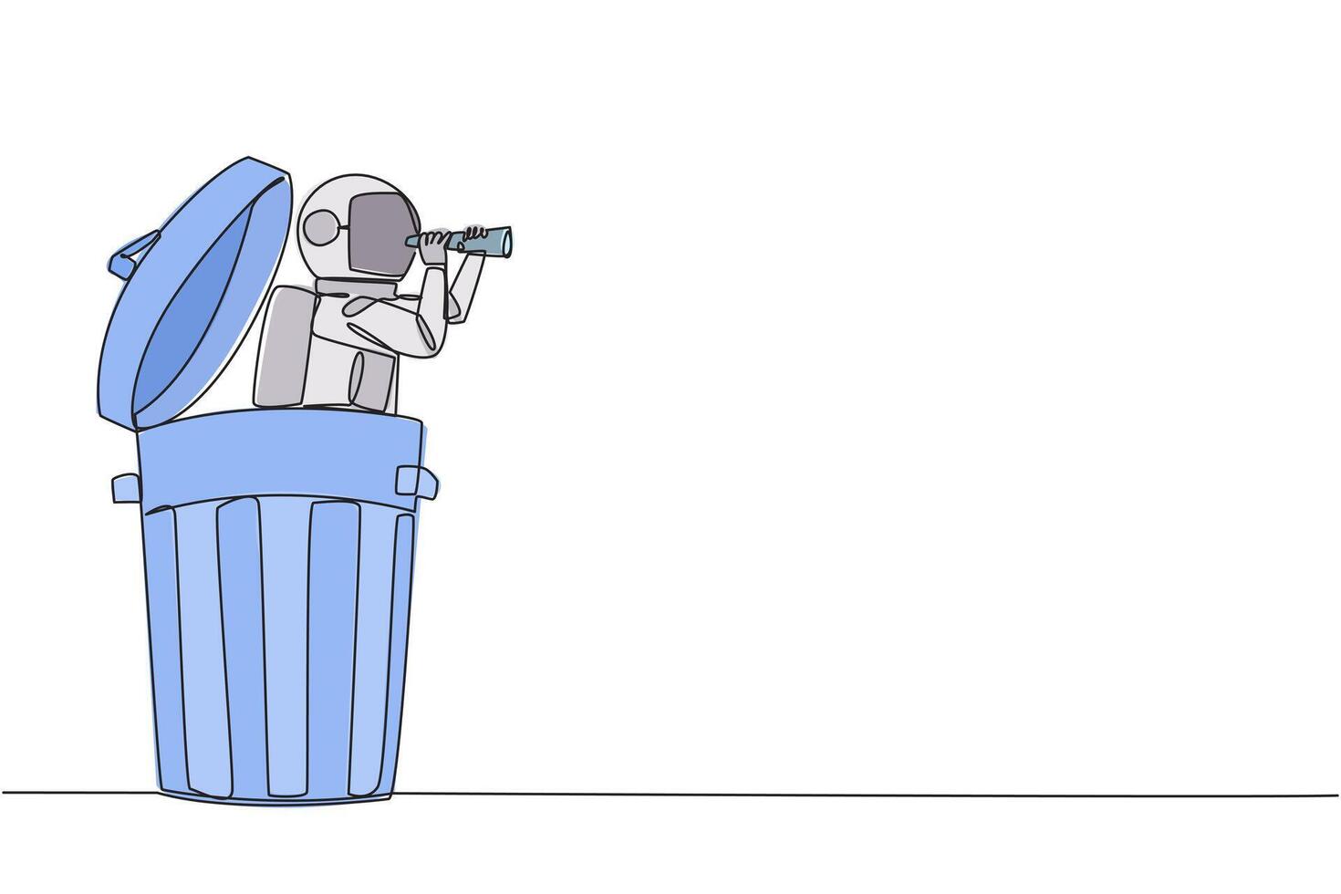 Continuous one line drawing astronaut emerges from a dumpster look for something with binoculars. Ensure material waste from space is not brought to earth. Single line draw design illustration vector