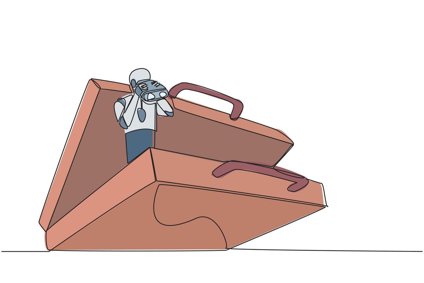 Single continuous line drawing a smart robot emerges from the briefcase looking for something through binoculars. Scan. Analyzing client reports. Give the best. One line design illustration vector