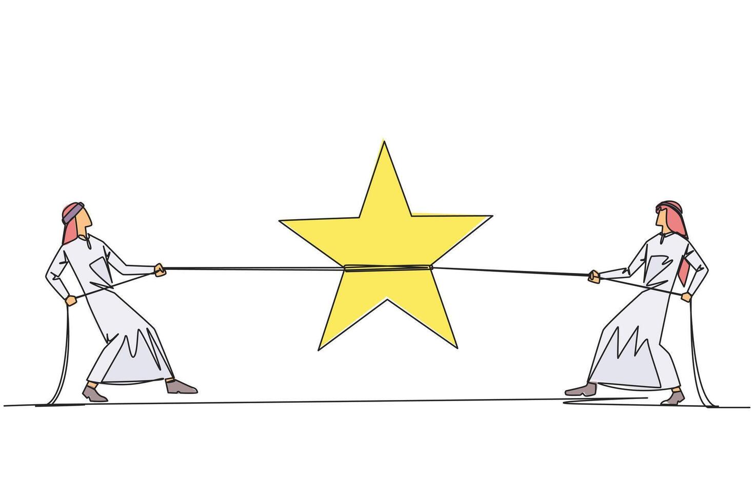 Continuous one line drawing two Arabian businessmen fighting for a star. Compete to get stars. Best rating. Get maximum ranking. Dream comes true. Winner. Single line draw design illustration vector