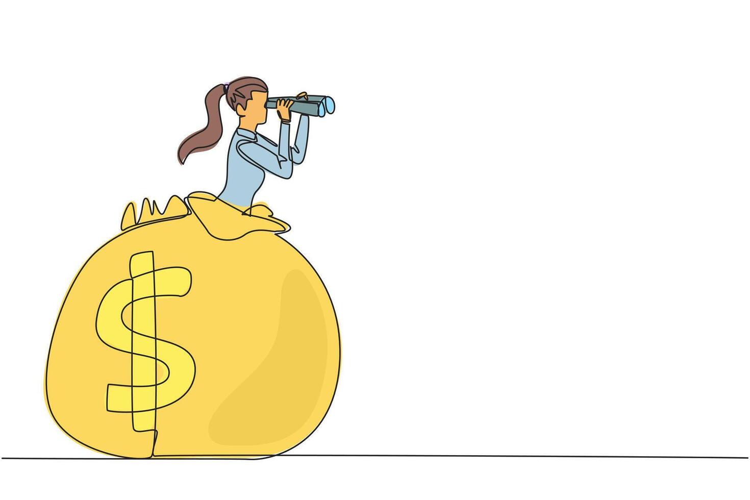 Single continuous line drawing businesswoman comes out of money bag looks for something through binoculars. Prepare for retirement and live comfortably in old age. One line design illustration vector