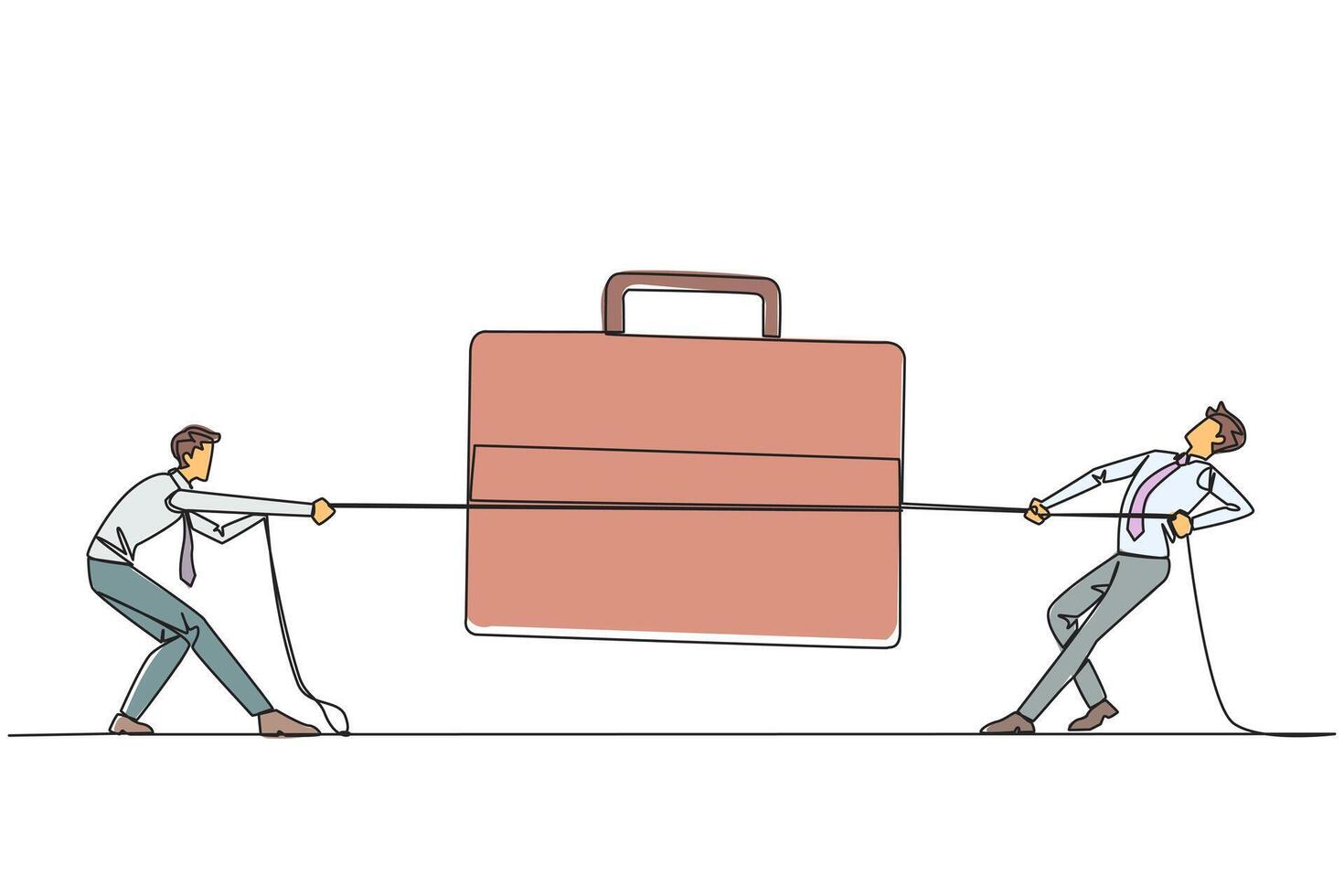 Single continuous line drawing two businessmen fighting over briefcase. Competing to gain trust to expand the business overseas. Compete healthily. Looking profit. One line design illustration vector