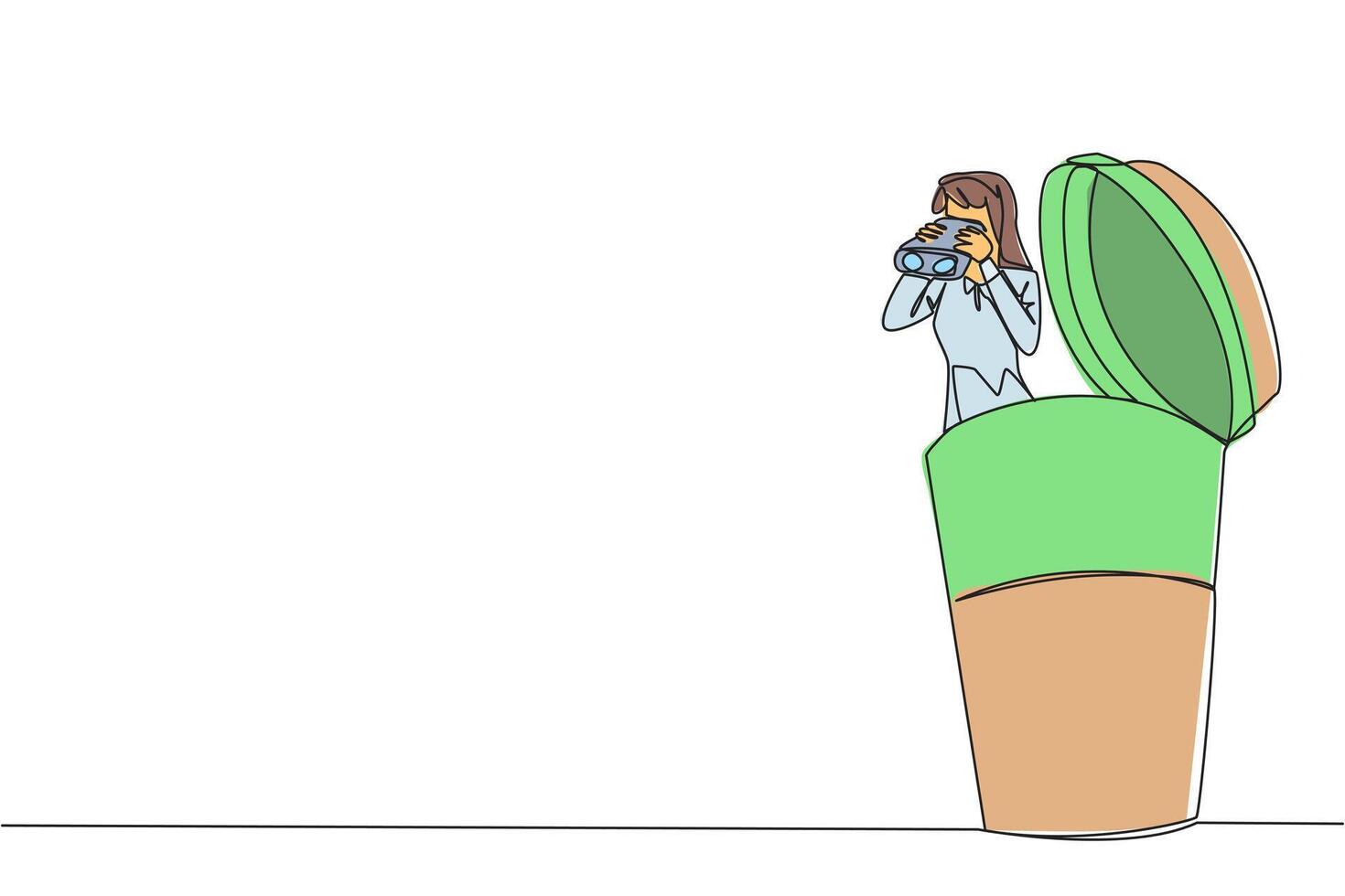 Continuous one line drawing businesswoman comes out of a paper cup looks for something through binoculars. Best friends after many deadlines. Makes relax. Single line draw design illustration vector