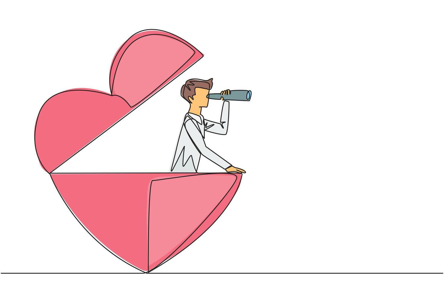 Single one line drawing businessman emerges from the shape of a heart looking for something through binoculars. Success in business and love. Aligned. Continuous line design graphic illustration vector