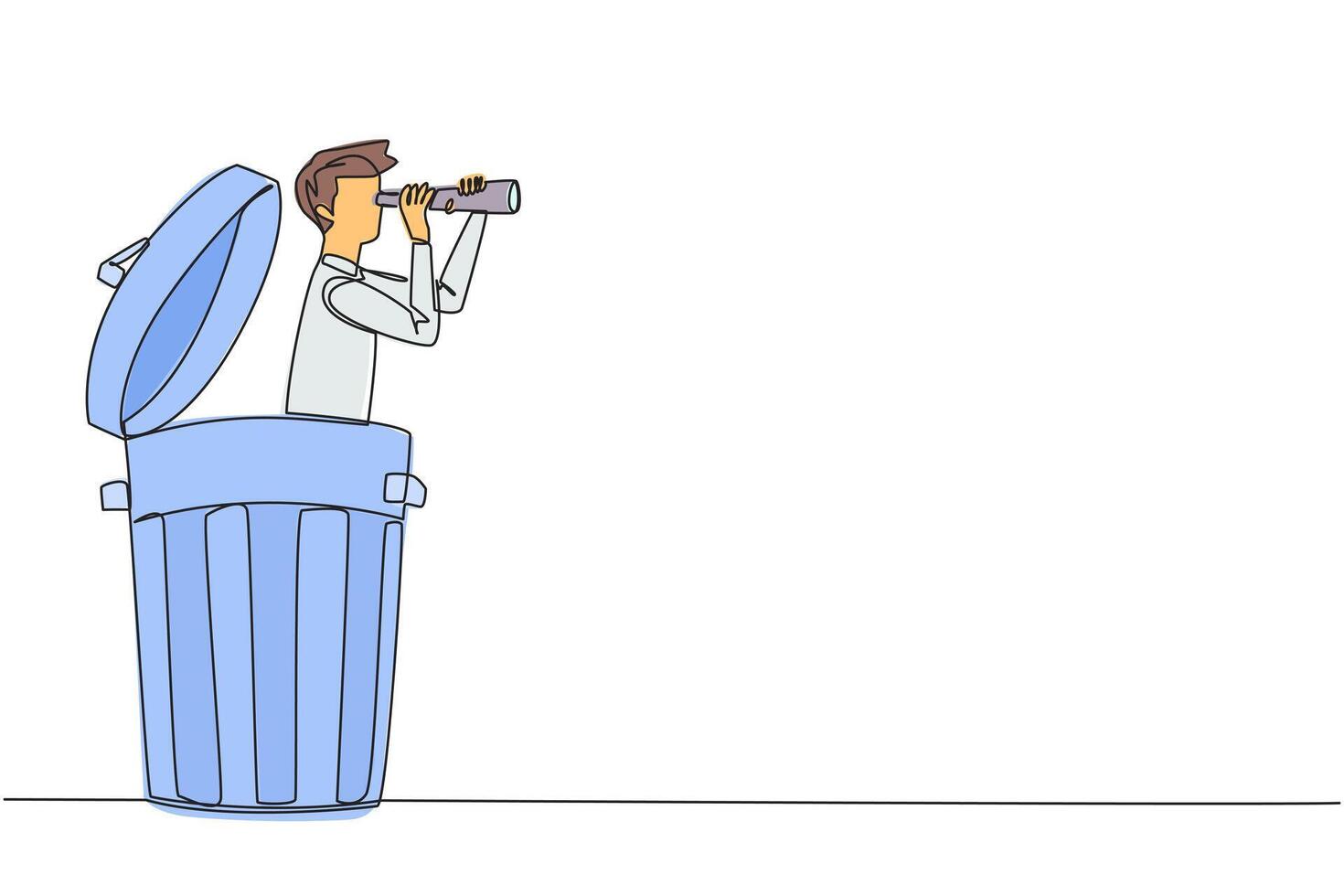 Single continuous line drawing businessman emerges from a trash can looking for something through binoculars. Entrepreneurs are looking for something to scapegoat. One line design illustration vector