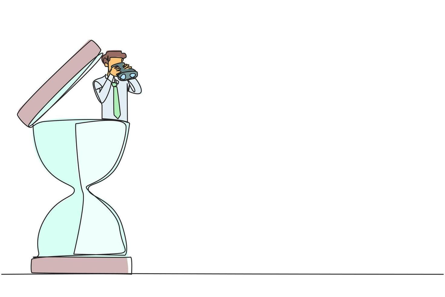 Continuous one line drawing businessman emerges from hourglass looking for something through binoculars. Aligned work makes deadlines easier. Work smart. Single line draw design illustration vector