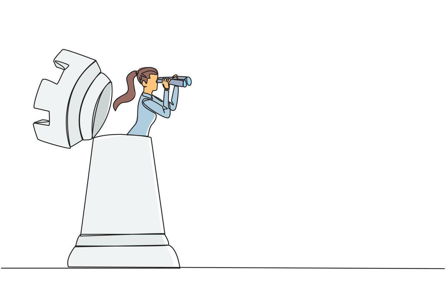 Single one line drawing businesswoman comes out rook chess looking for something through binoculars. Strategies that must be mature for business progress. Continuous line design graphic illustration vector
