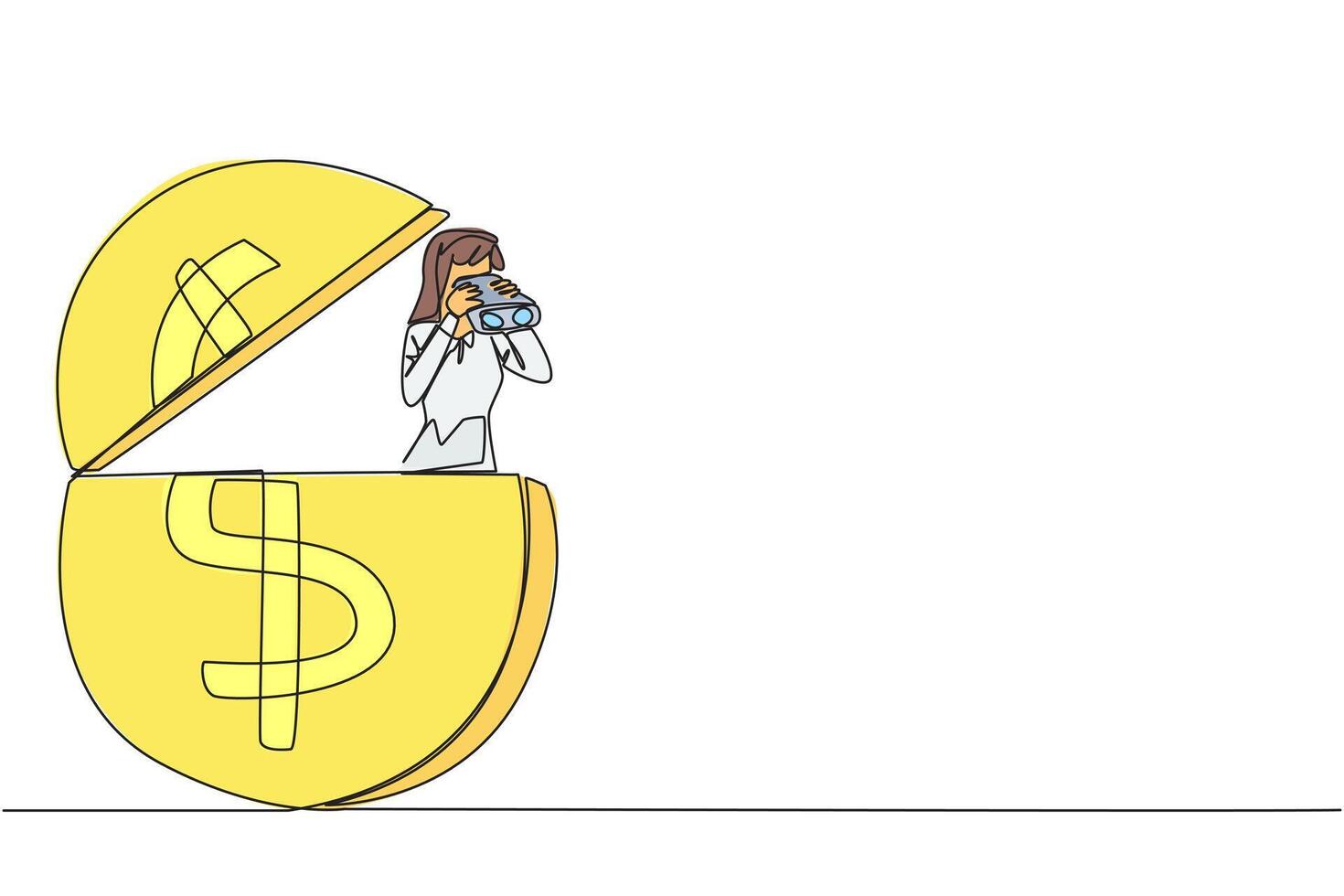 Single continuous line drawing businesswoman coming out of coin holding binocular. Looking for extra money for a decent life in old age. Looking for opportunity. One line design illustration vector