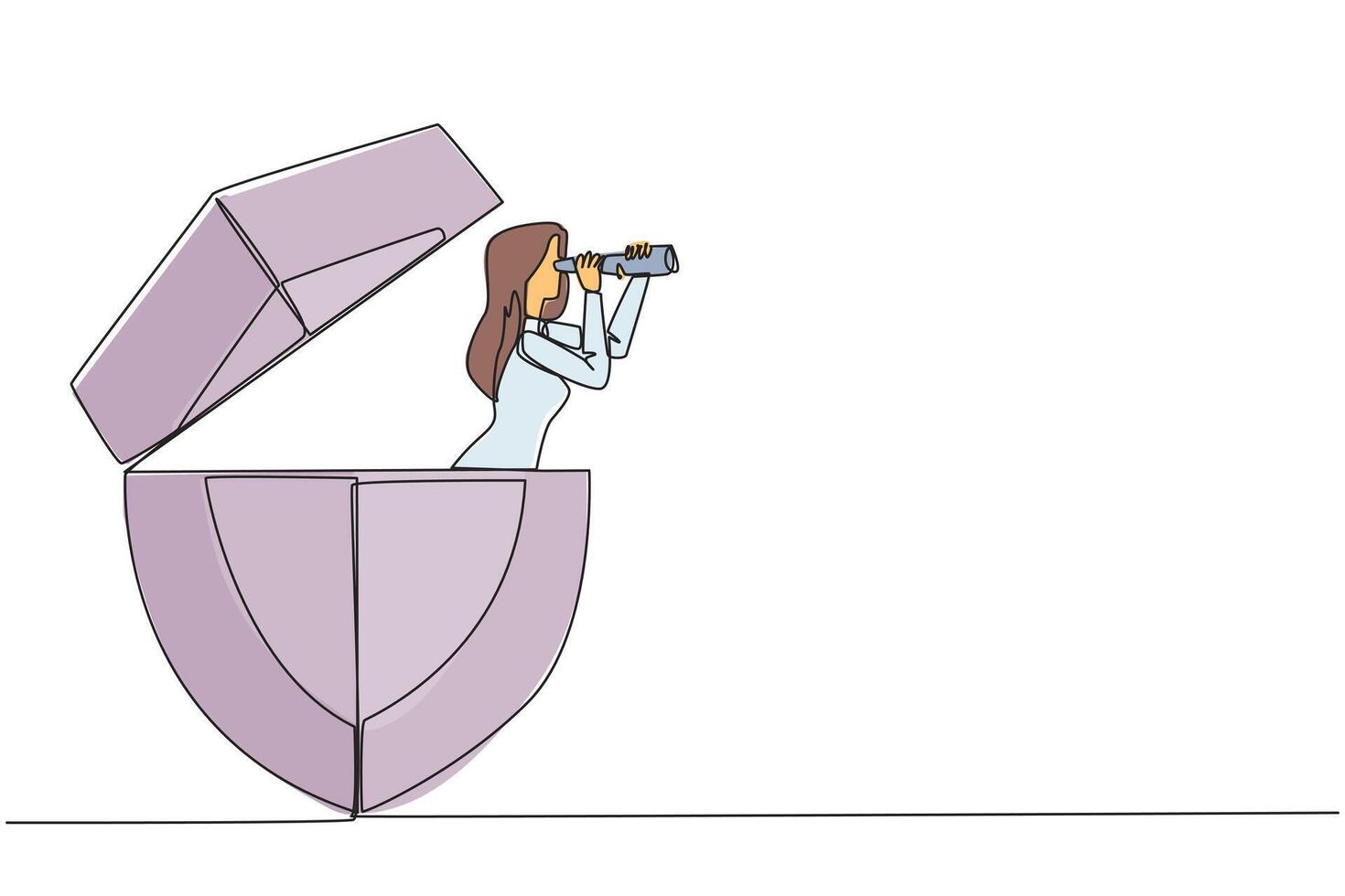 Continuous one line drawing businesswoman comes out of shield looking for something through binoculars. Looks for the best protection for the data server. Single line draw design illustration vector