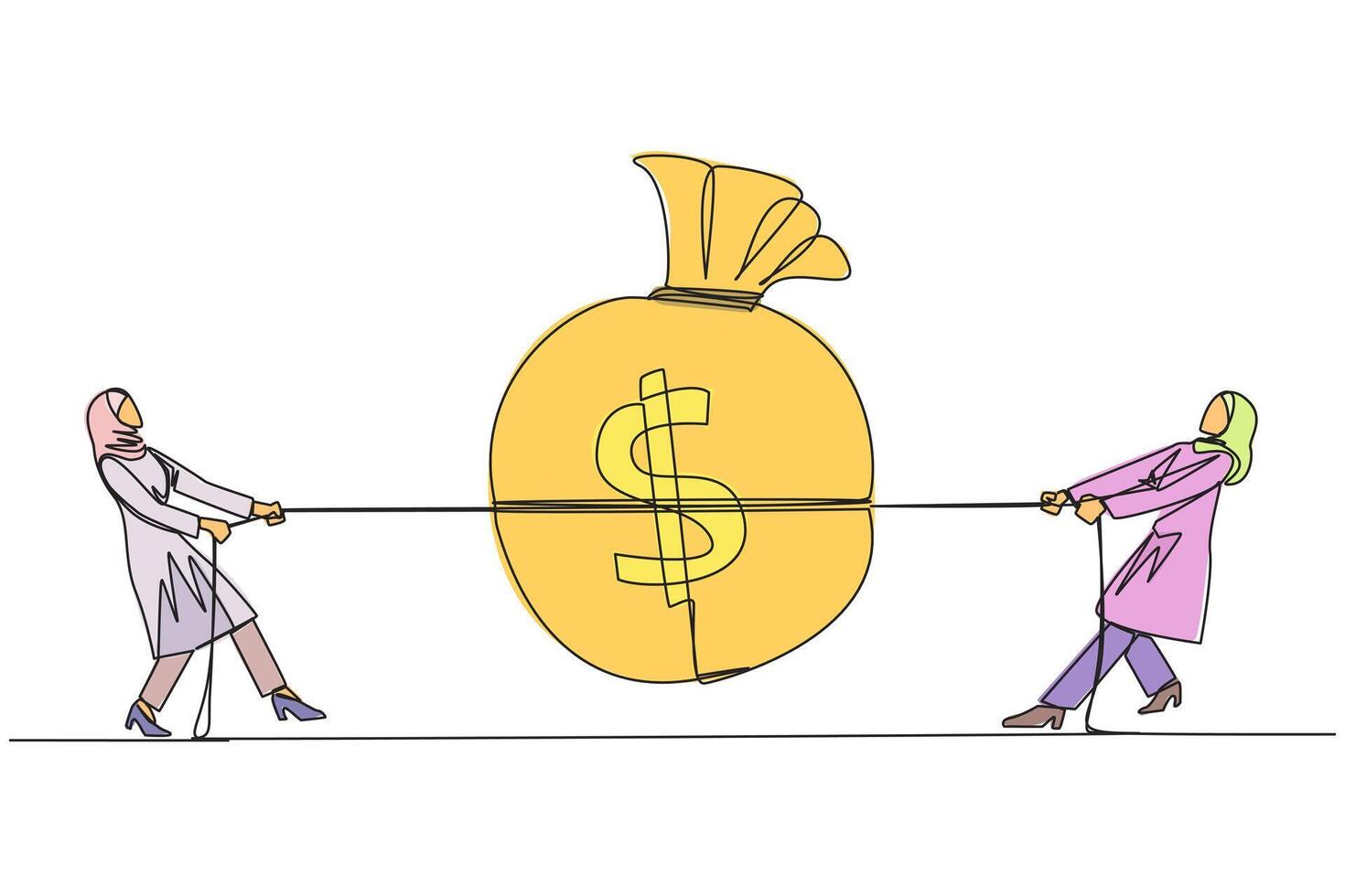 Single one line drawing two greedy Arabian businesswomen fighting over a money bag. Compete to get as much profit as possible. Market price destroyer. Continuous line design graphic illustration vector