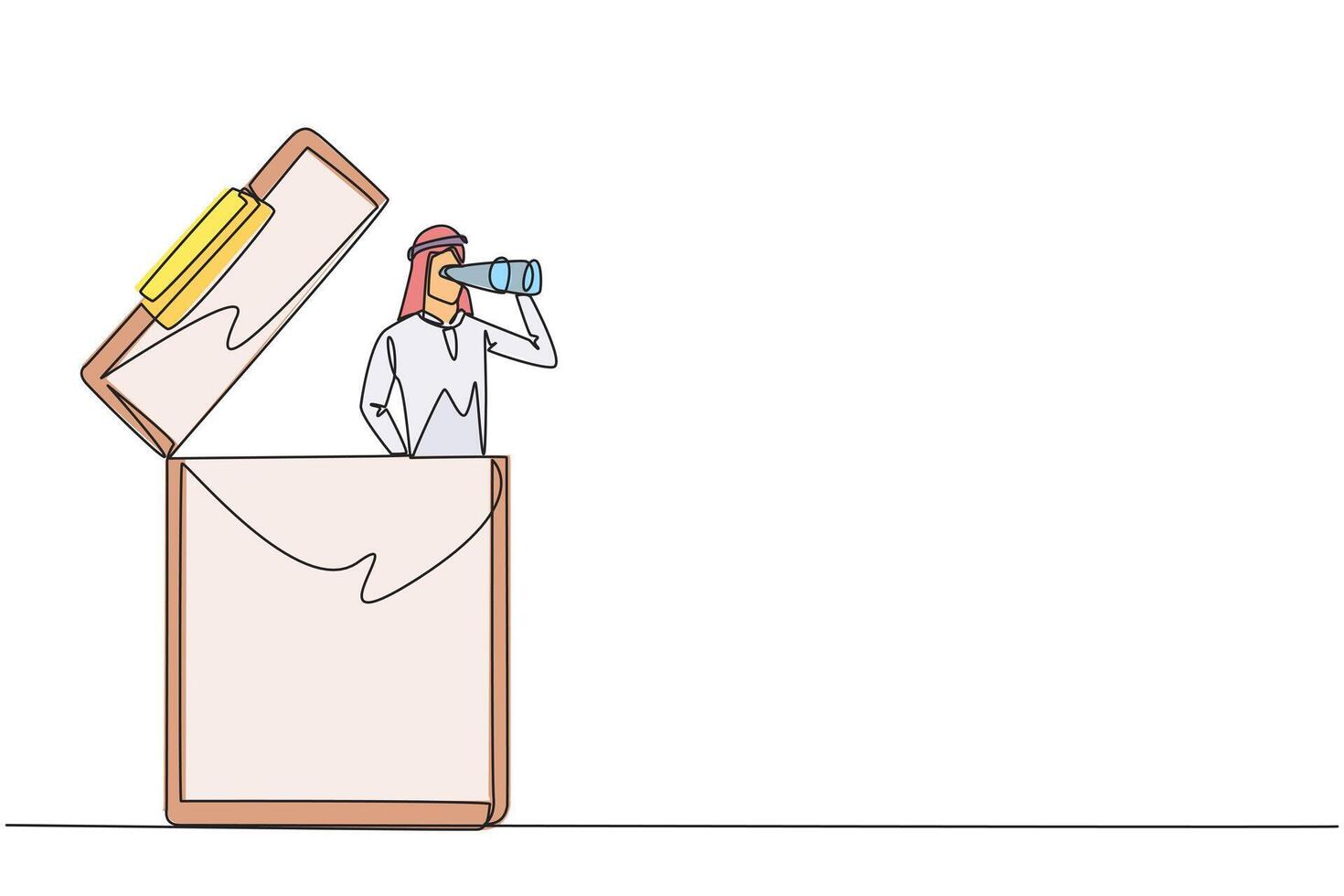 Single one line drawing Arab businessman pops out of clipboard looking for something through binoculars. Easily work on many forms. Final report completed. Continuous line design graphic illustration vector