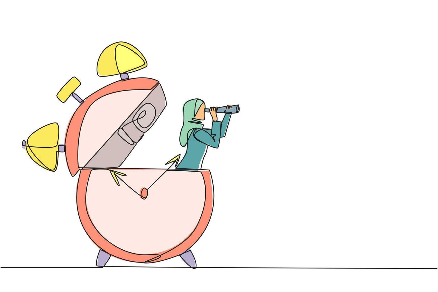 Single continuous line drawing Arab businesswoman emerges from alarm clock looking for something with binoculars. Prepare business files from now on. Don't delay. One line design illustration vector