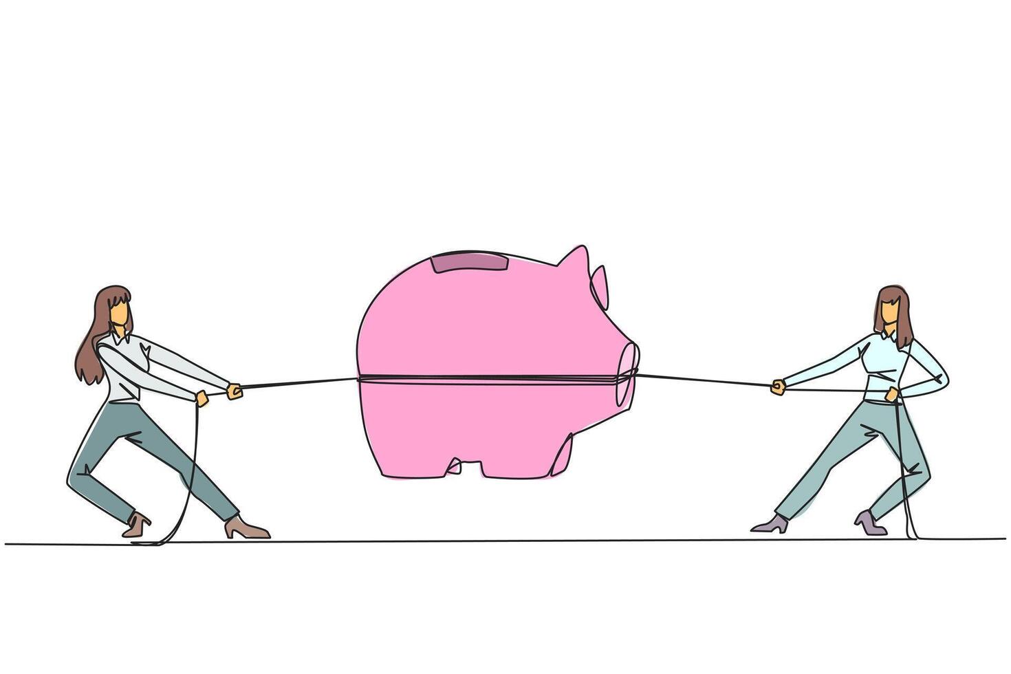 Continuous one line drawing two businesswomen fighting over a piggy bank. Competition for investment. Save penny by penny for comfortable retirement life. Single line draw design illustration vector