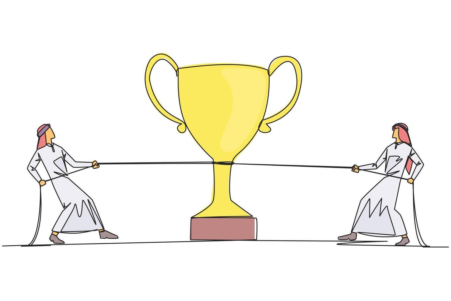 Single one line drawing two Arabian businessmen fighting for the trophy. Fighting against the hypocritical coworkers. Want to control everything. Greedy. Continuous line design graphic illustration vector